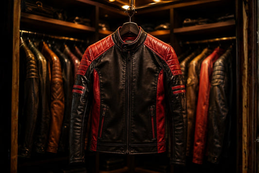 Black and red leather jacket hanging front and center in an open closet with blurred jackets in the background, Spider-Man inspired