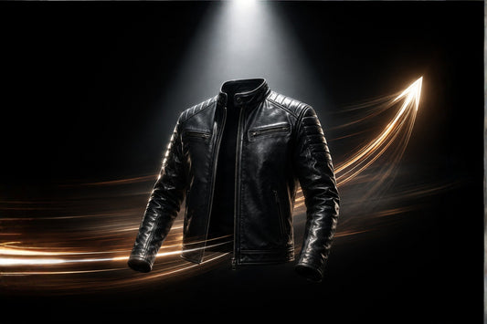 Dramatic black leather jacket illuminated by a single bright spotlight against a dark background with subtle motion-blur light trails