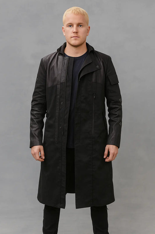 Front view of Adam Jensen Deus Ex black trench coat replica