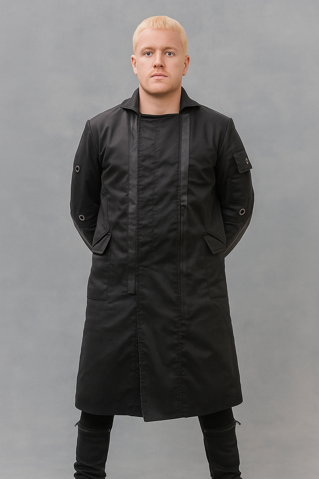 Stylish long black trench coat inspired by Deus Ex video game
