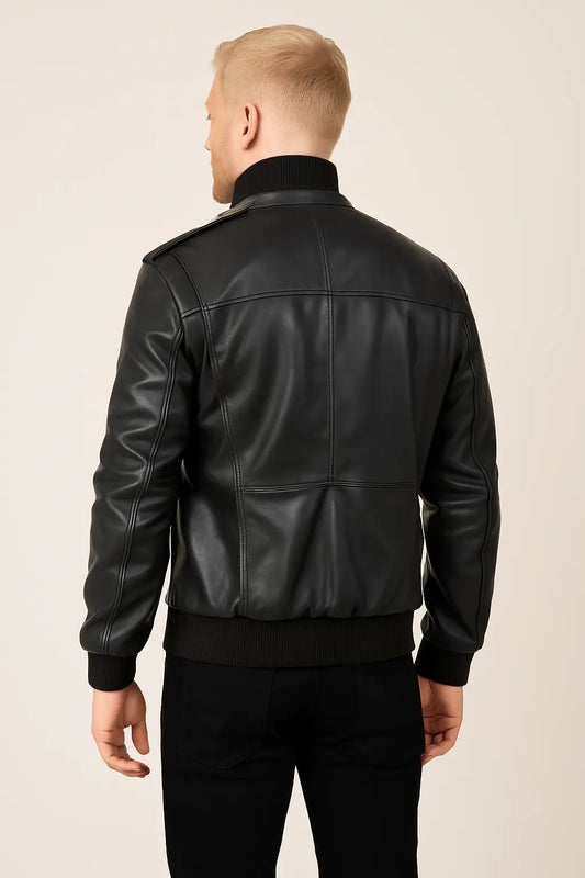 Back view of Agent Shadow black leather bomber jacket with ribbed hem and cuffs