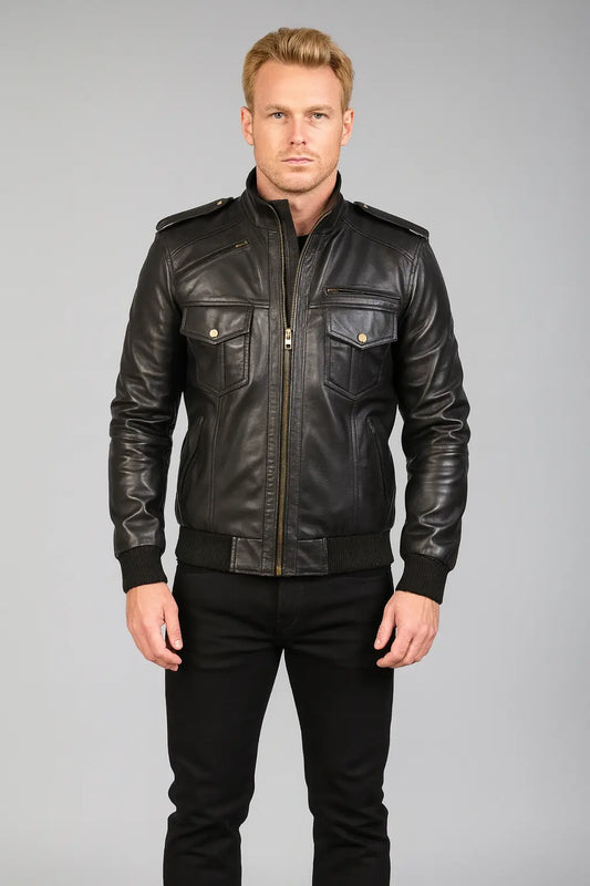 Front view of Agent Shadow black genuine leather bomber jacket for men