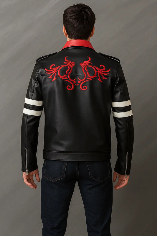 Back view of Alex Mercer Prototype Leather Jacket featuring red embroidered dragon design