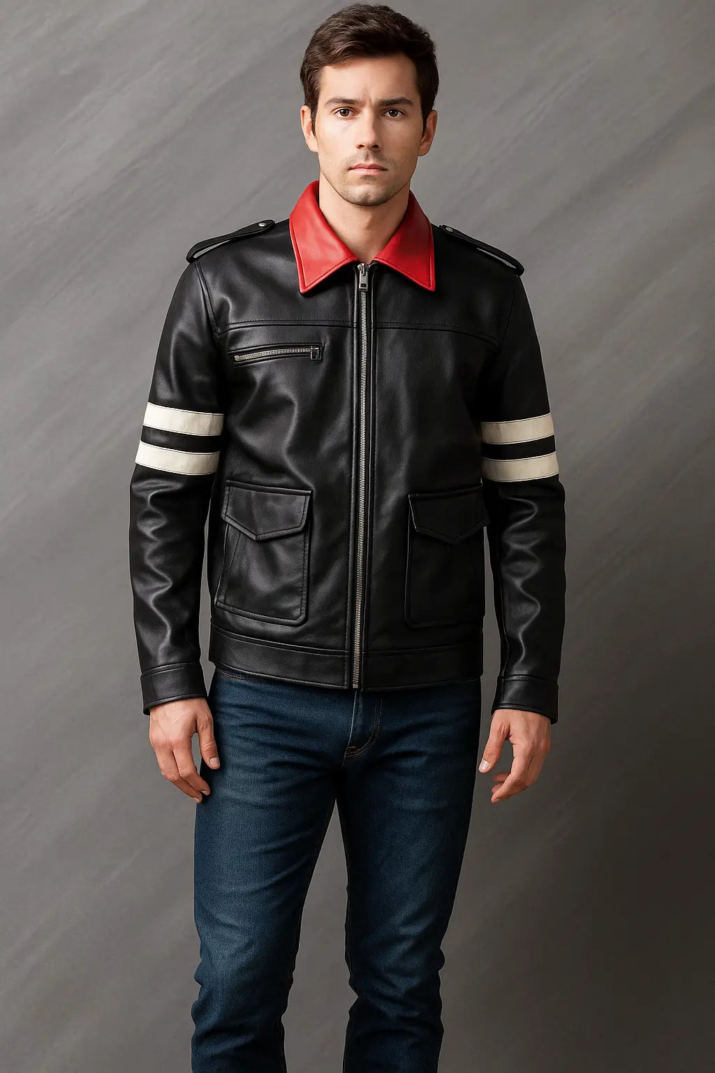 Alex Mercer Prototype Black Leather Jacket with red collar and white sleeve stripes – front view