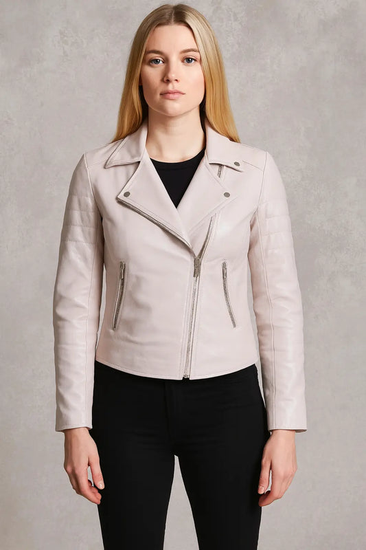 Front view of Amy Pond inspired white leather jacket for women