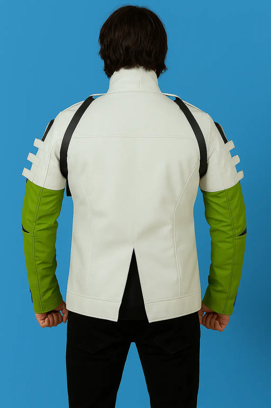 Back view of Apex Legends Crypto Green and White Vegan Leather Jacket with strap accents and futuristic cosplay design