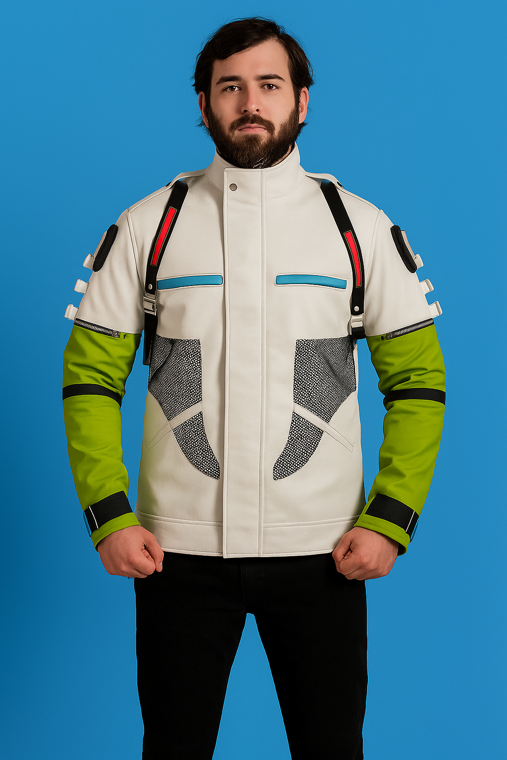 Front view of Apex Legends Crypto Green and White Vegan Leather Jacket with screen-accurate detailing and zipper closure