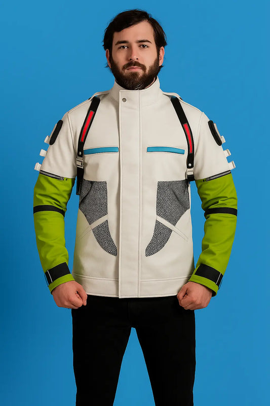 Front view of Apex Legends Crypto Green and White Vegan Leather Jacket with screen-accurate detailing and zipper closure
