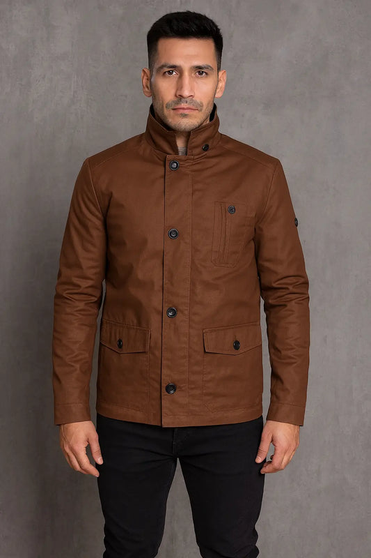 Front view of Oliver Queen-inspired brown cotton jacket with button closure