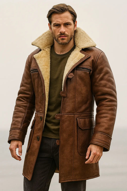The Dark Knight Rises Bane Brown Shearling Leather Coat Front View