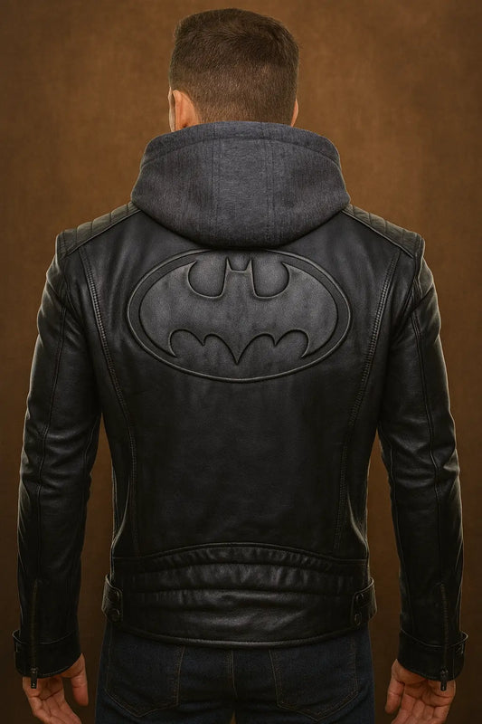 Batman Logo Black Genuine Leather Jacket Back View with Embossed Logo