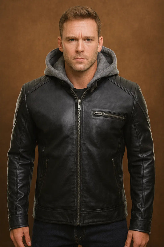 Batman Logo Black Genuine Leather Jacket Front View with Hood