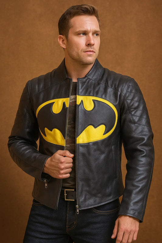 Batman Michael Keaton Black Genuine Leather Jacket Costume Front View