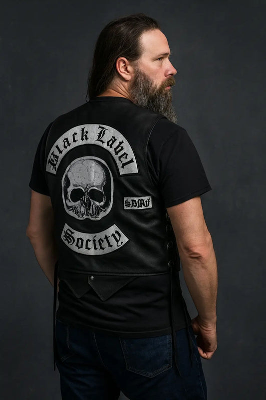 Back of Black Label Society leather vest featuring skull patch and 'Black Label Society' text