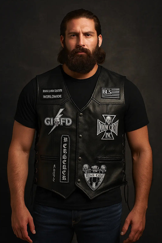Front view of Black Label Society leather biker vest with Doom Crew and BLS patches