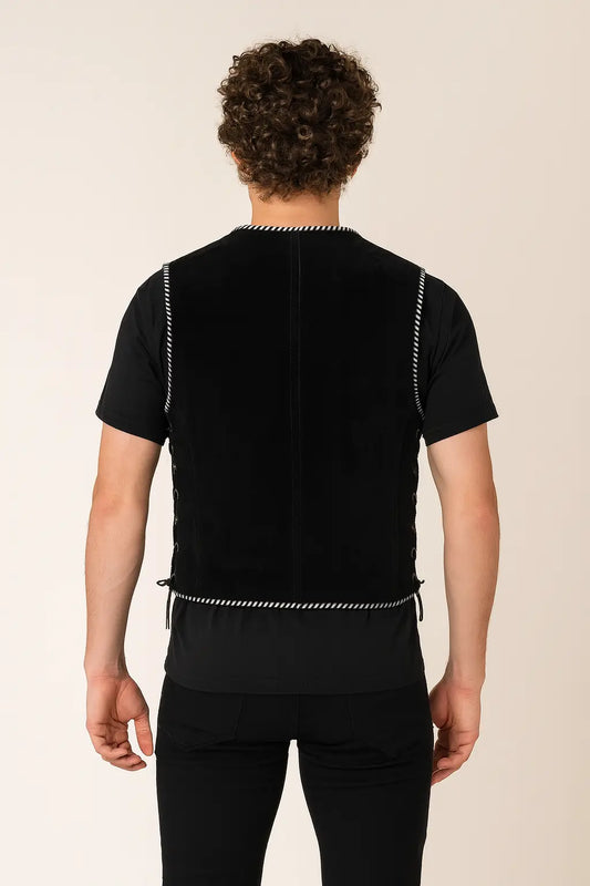 Black Suede Biker Vest with braided detailing back view