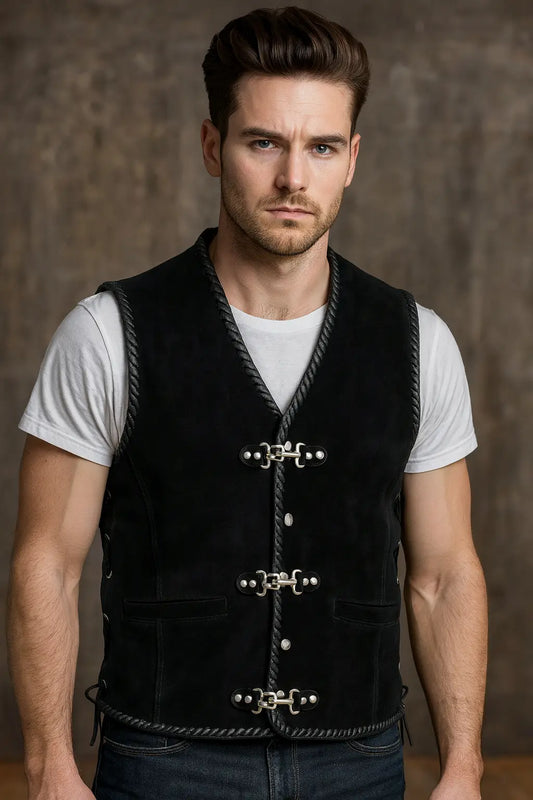 Black Suede Biker Vest with Spanish braid and metal clasps front view