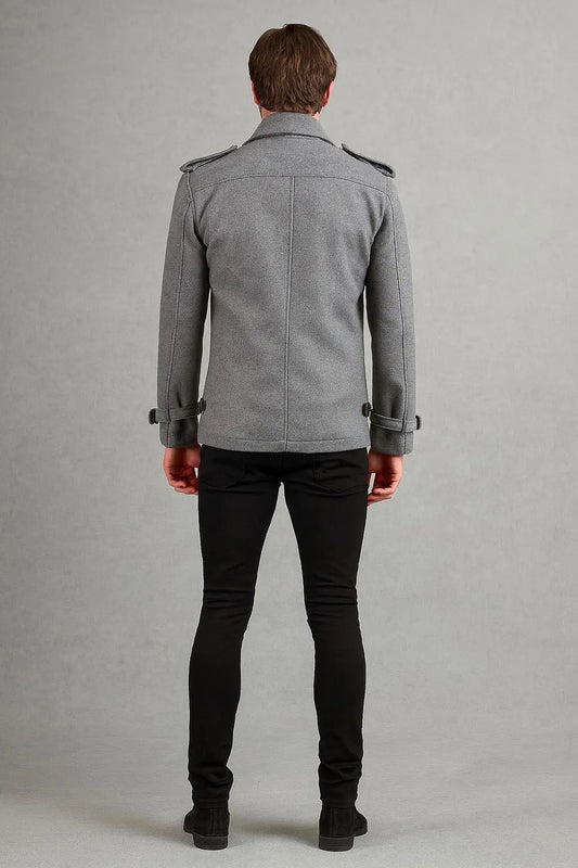 Back view of Falcon and the Winter Soldier Bucky Barnes wool coat in grey with tailored fit