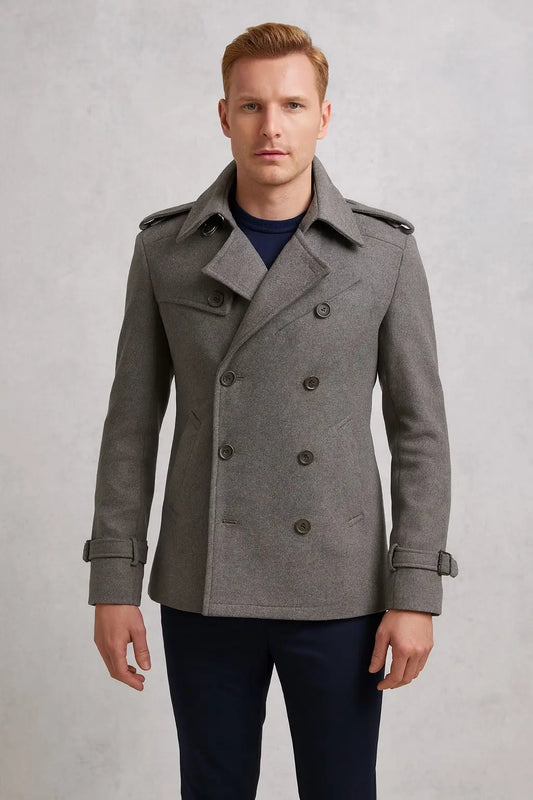 Front view of Bucky Barnes Falcon and the Winter Soldier grey wool coat with button closure and epaulets