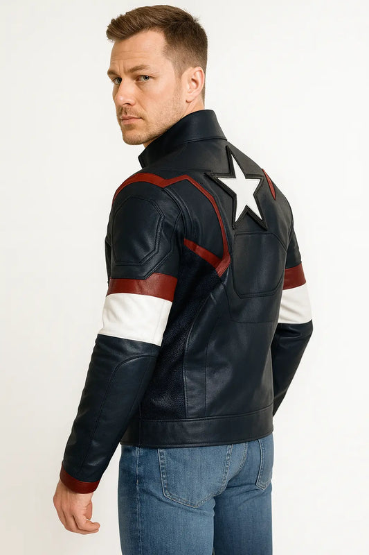 Back view of Chris Evans Captain America jacket in blue, white & red leather