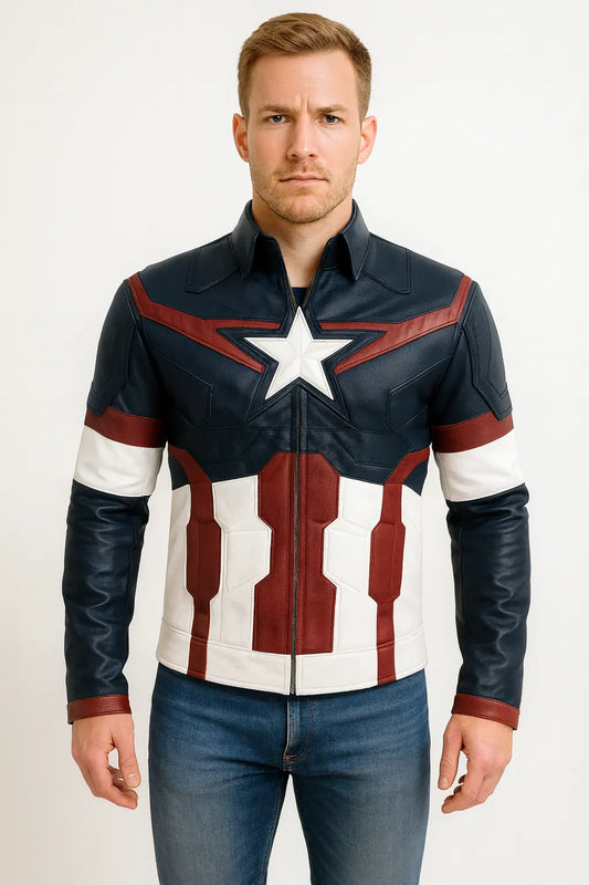 Front view of Avengers Age of Ultron Captain America leather jacket with star design