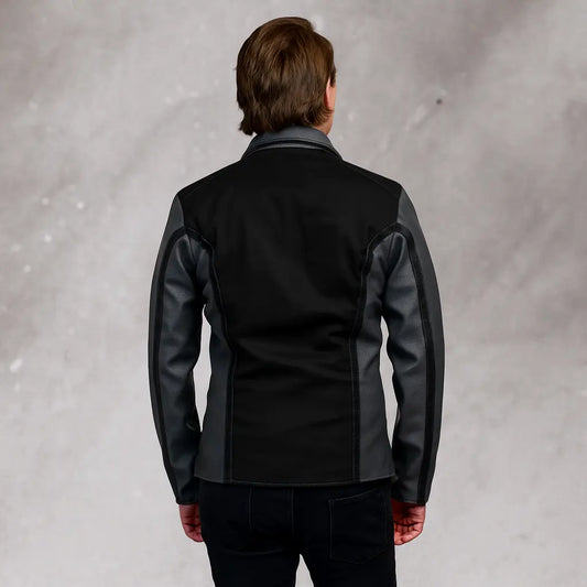 Captain Pike Star Trek Strange New Worlds black jacket with faux leather details back view