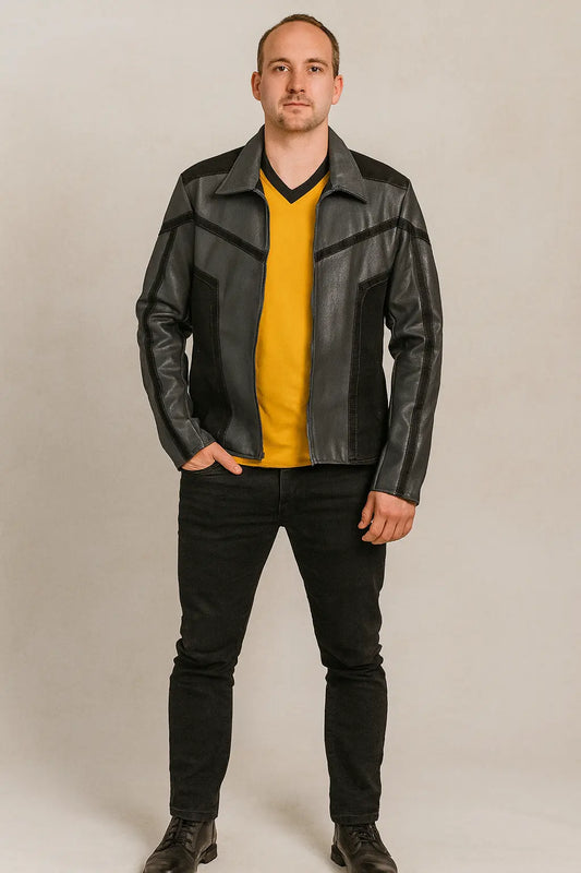 Captain Pike Star Trek Strange New Worlds black cotton and faux leather jacket front view