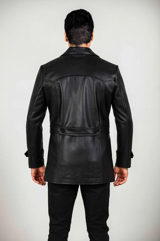 Back view of Christopher Eccleston Ninth Doctor inspired black leather peacoat