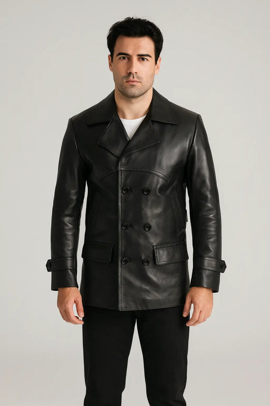 Front view of Christopher Eccleston Doctor Who Black Leather Peacoat with button closure