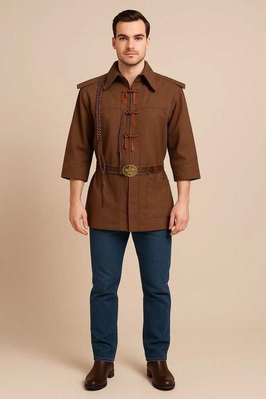 Front view of Clint Eastwood The Outlaw Josey Wales brown cotton cowboy coat with toggle closure