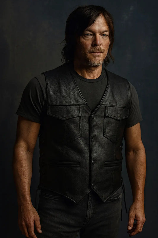Front view of Daryl Dixon's black leather vest from The Walking Dead with button closure