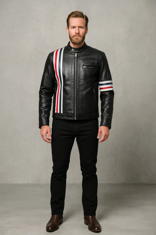 Front view of Easy Rider Peter Fonda Black Leather Biker Jacket with red, white, and blue stripes.