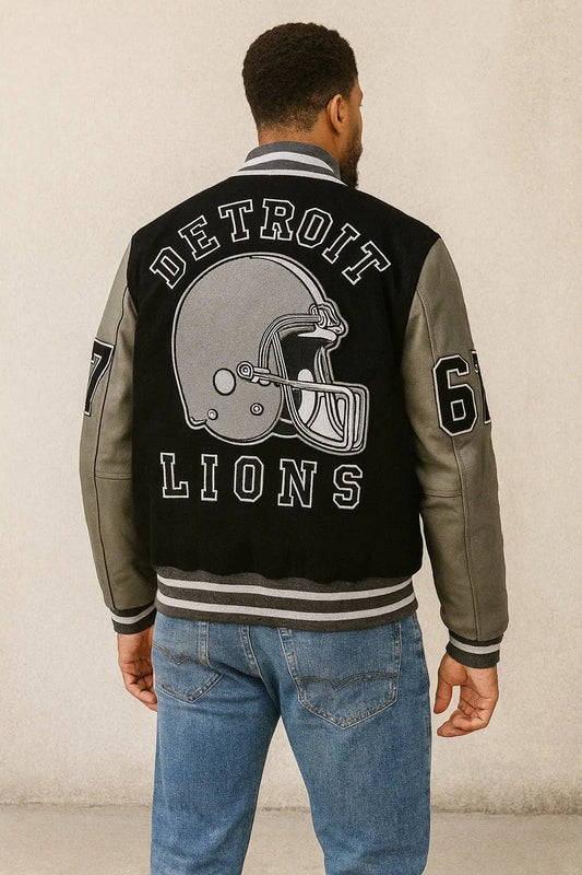 Back view of Eddie Brock Venom 2 Detroit Lions Varsity Jacket featuring Detroit Lions helmet design