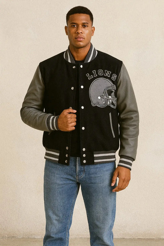 Front view of Eddie Brock Venom 2 Detroit Lions Varsity Jacket in black and gray with fleece body and leather sleeves