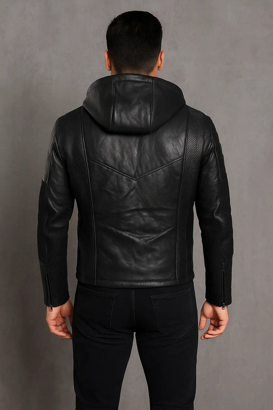 Back view of Emerald Archer Green Arrow hooded black leather superhero jacket
