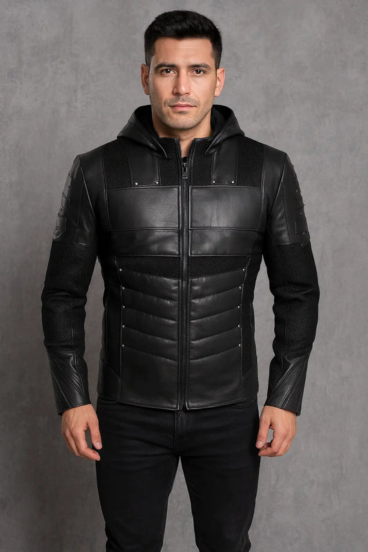 Front view of Emerald Archer Green Arrow hooded black leather superhero jacket