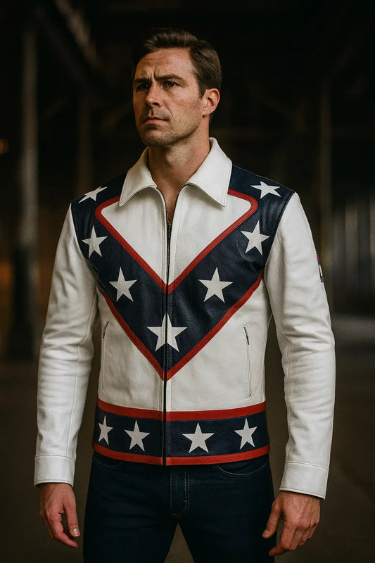 Evel Knievel inspired white & blue leather biker jacket with star design – front view