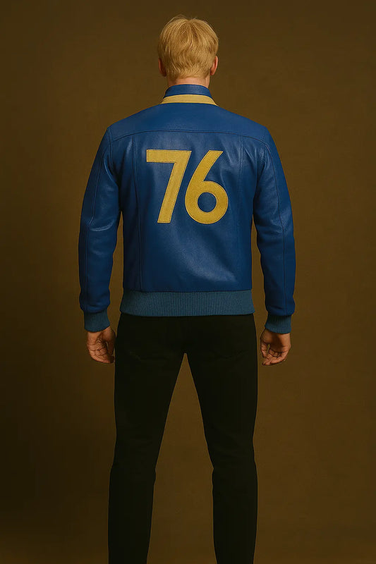 Back view of Fallout 76 Vault Leather Jacket featuring bold yellow Vault 76 number design