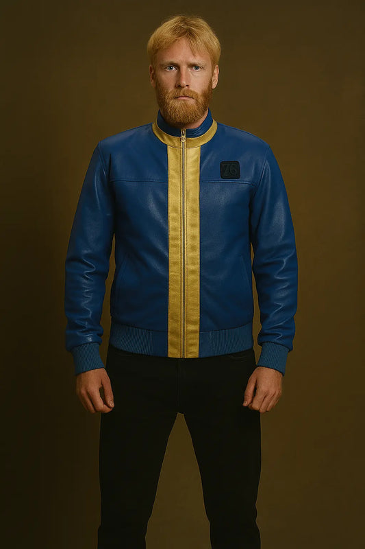 Front view of Fallout 76 Vault Leather Jacket in blue and yellow with zipper closure and Vault 76 chest patch
