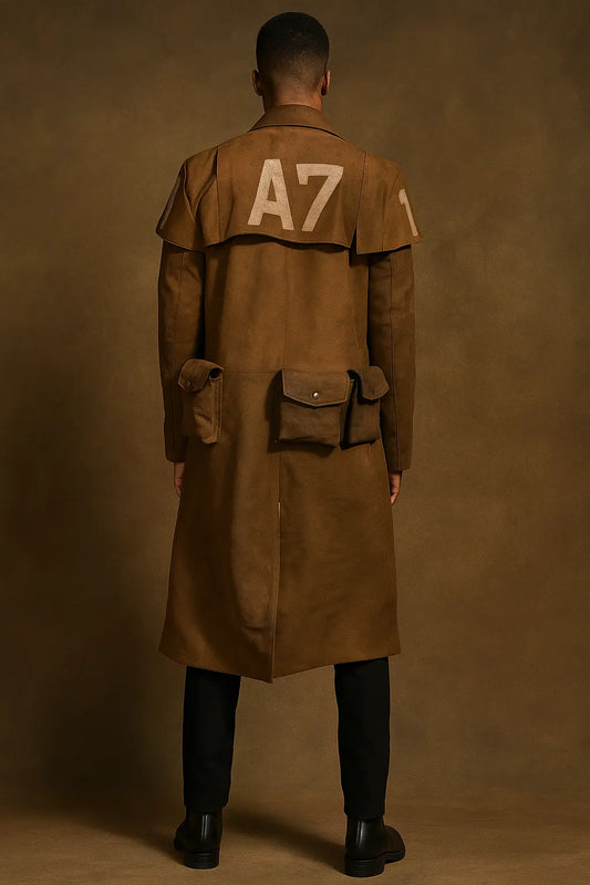 Back view of Fallout NCR Ranger suede leather trench coat with A7 design