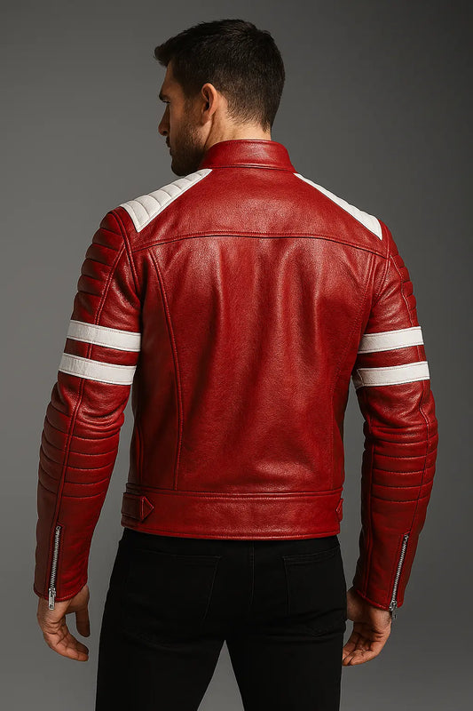 Back view of Fight Club Brad Pitt red leather jacket with white stripes and quilted shoulders