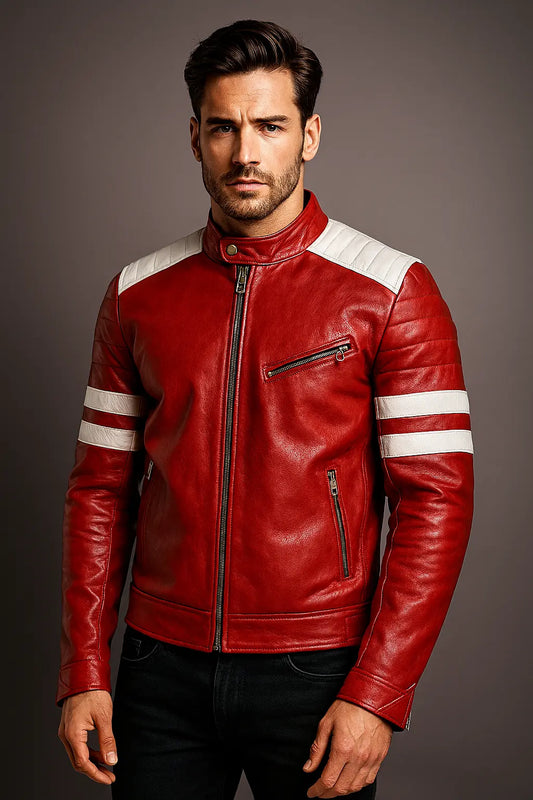Front view of Fight Club Brad Pitt red leather jacket with white stripes and quilted shoulders