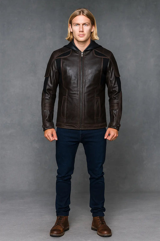 Front view of Gavin Reed Detroit Become Human brown leather jacket with zipper closure