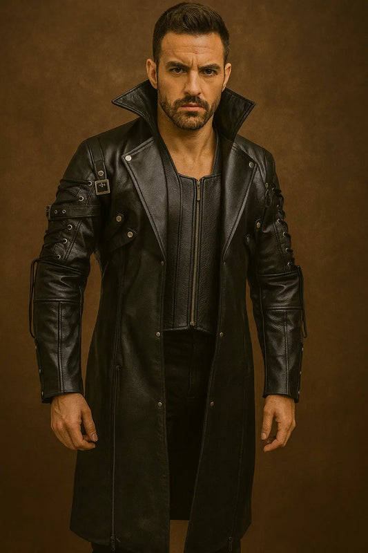 Men’s Black Gothic Steampunk Leather Trench Coat Front View