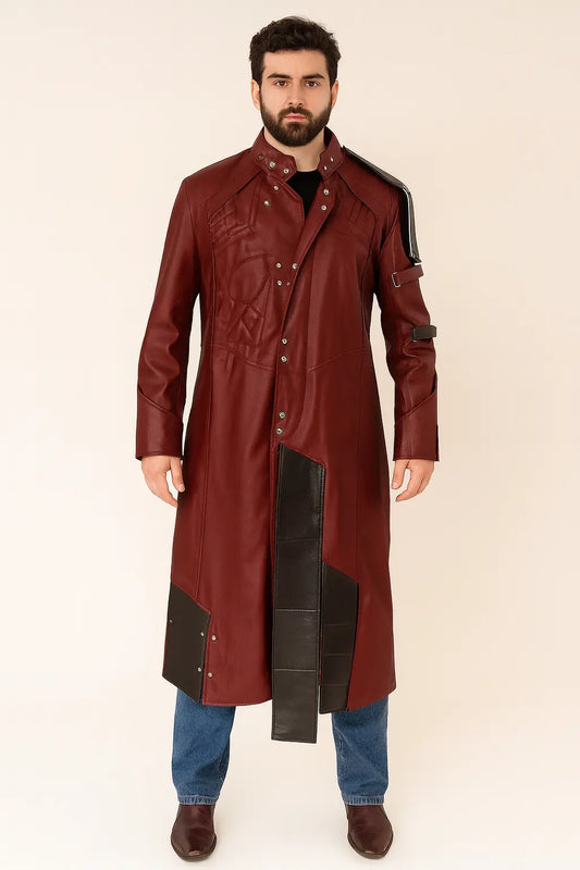 Front view of Guardians of the Galaxy Star Lord red leather coat with snap button closure
