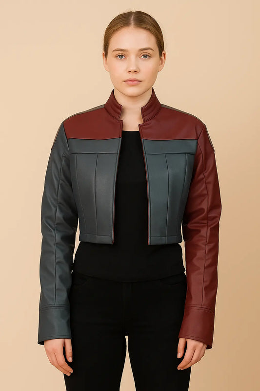 Front view of Harley Quinn Injustice 2 Maroon & Grey Leather Jacket for women