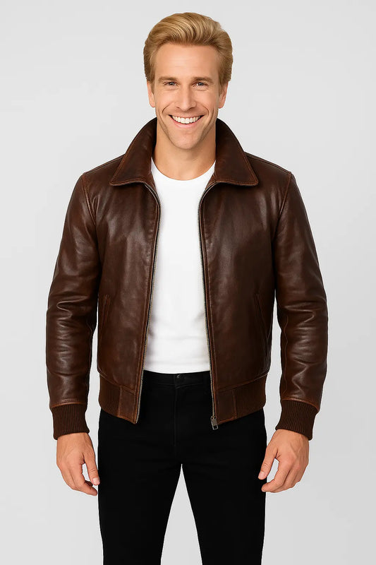 Front view of Henry Winkler Happy Days brown leather jacket inspired by Fonzie.
