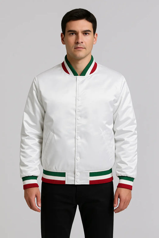 Front view of Home Alone Pizza Boy white satin jacket with snap button closure