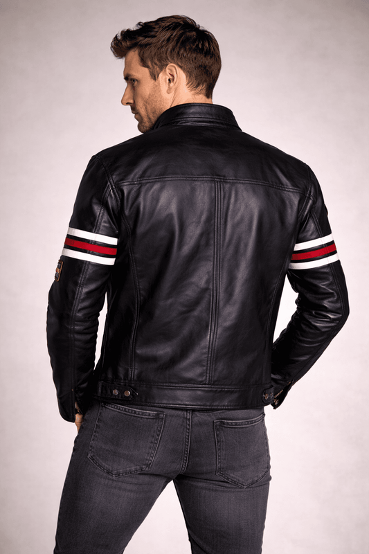 Back view of Gregory House inspired black leather motorcycle jacket with stripe sleeve design