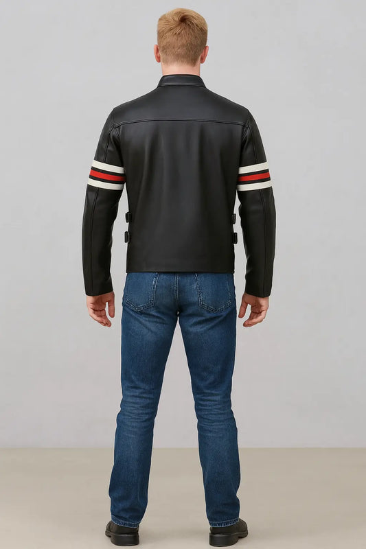 Back view of Gregory House inspired black leather motorcycle jacket with stripe sleeve design